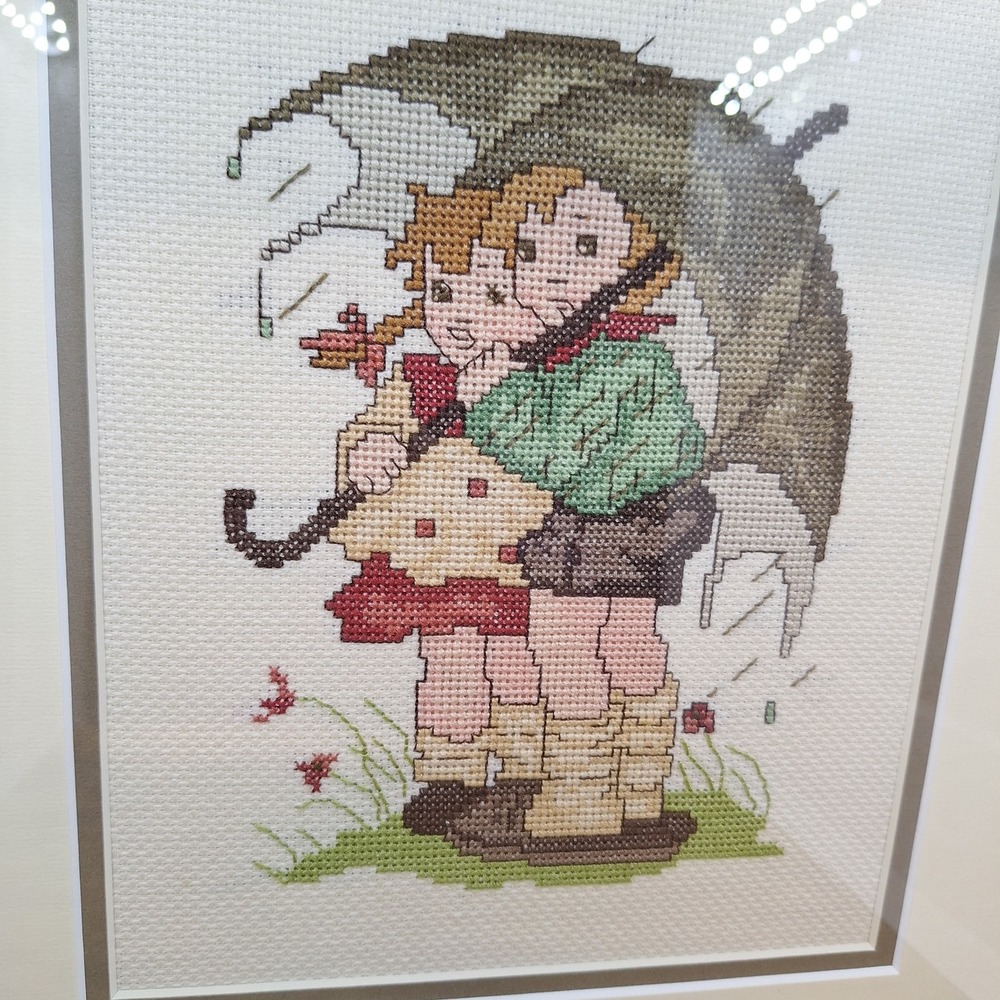 Vtg Finished Needlepoint GIRL BOY UMBRELLA Folk Art Sampler Embroidery Framed - Picture 3 of 9